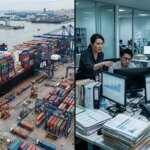 Große Containerschiffe in einem Hafen neben einem Team, das in der Hochsaison die Seefracht-Administration im Büro bearbeitet.