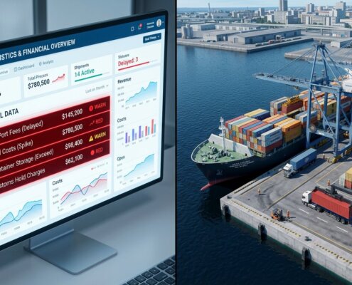 Logistics dashboard showing red warnings for inconsistent ERP data next to a cargo ship in an isometric 3D style.
