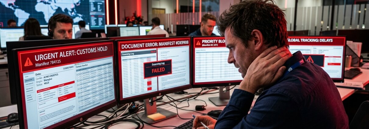Gestresste manager kijkt naar RPA compliance risico douane foutmeldingen op schermen met rode waarschuwingssignalen.