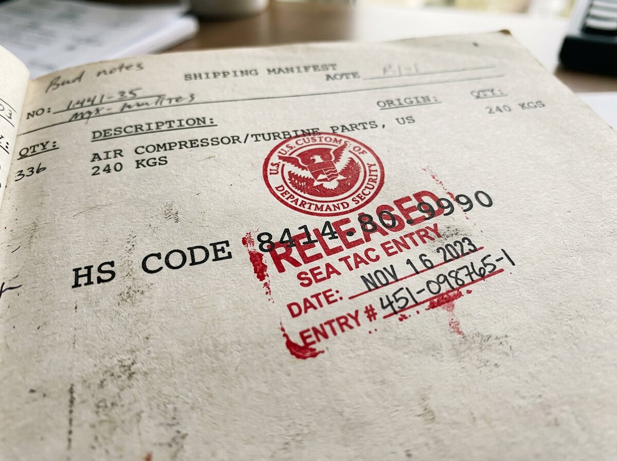 Macro shot of a customs form showing a messy stamp over an HS code, symbolizing an RPA customs compliance risk.