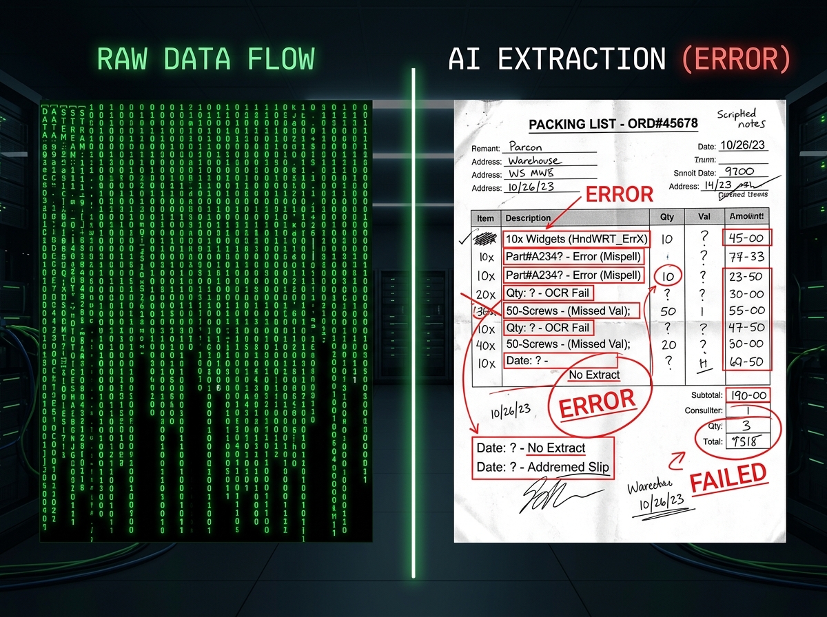 Split screen comparing error-free digital EDI code with an RPA customs compliance risk caused by faulty extraction on a scanned packing list.