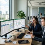 Data analisten in een modern kantoor die complexe vrachtbrieven verwerken op dubbele schermen in daglicht.