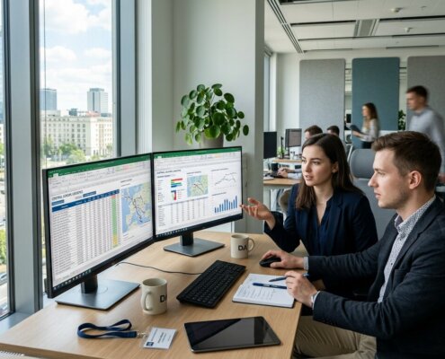 Data analisten in een modern kantoor die complexe vrachtbrieven verwerken op dubbele schermen in daglicht.