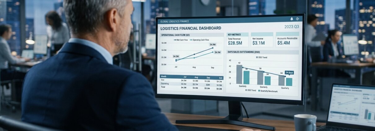 Dashboard mit DSO-Grafiken in einem modernen Büro – ideal für Organisationen, die ihr Debitorenmanagement auslagern möchten.
