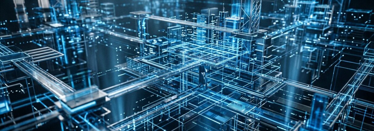 Abstract layered data structure in a high-tech environment representing the deduplication of complex B2B customer records.