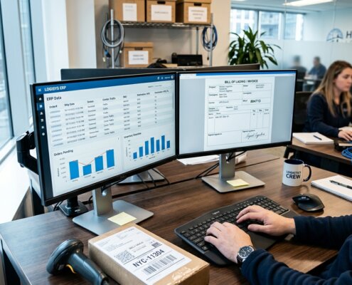 Logistik-Arbeitsplatz mit Bildschirmen voller ERP-Daten und Dokumente, Symbol für fehleranfällige manuelle ERP-Dateneingabe.