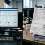Frachtrechnungen auf Computermonitor neben Stapeln von CMR-Dokumenten, um Verzögerungen bei der Weiterbelastung von Transportkosten zu vermeiden.