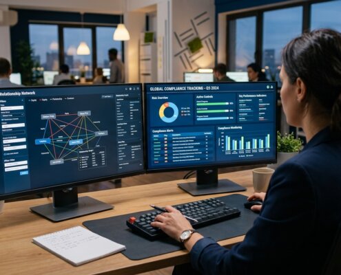 Analyst bekijkt CDD risico onvolledige klantdata op dashboards met bedrijfsnetwerken en compliance-grafieken.
