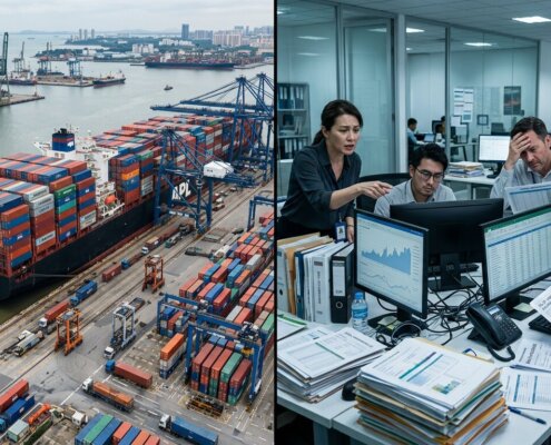 Grote containerschepen in een haven naast een team dat de piekseizoen zeevracht administratie verwerkt op kantoor.
