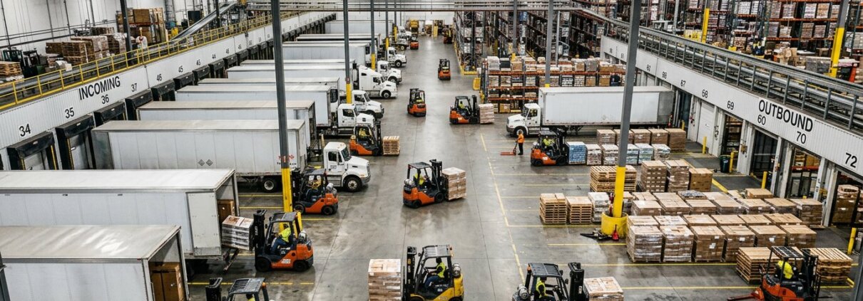 Logistiklager mit Gabelstaplern und Paletten zur Vermeidung administrativer Engpässe beim Cross-Docking in Terminals.