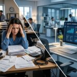 Frustration bei der manual data entry office zwischen Rechnungsstapeln direkt neben einem modernen back office data processing Display.