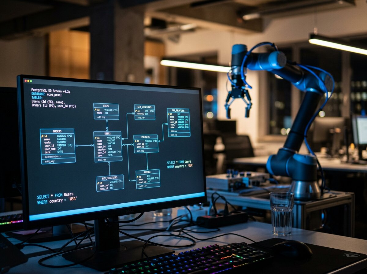 Data structures on a computer monitor with a robotic arm, highlighting the impact of inconsistent ERP data on procurement.
