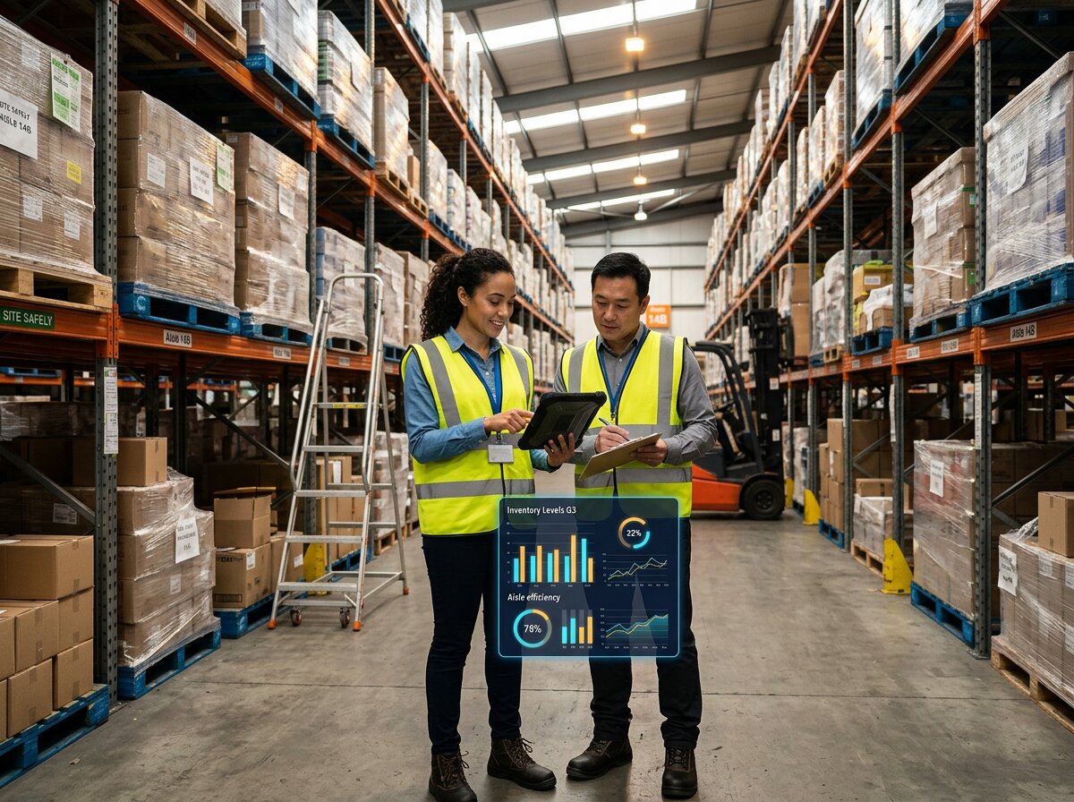 Two warehouse managers on the floor analyzing inconsistent ERP data on a tablet in a high-rack distribution center.