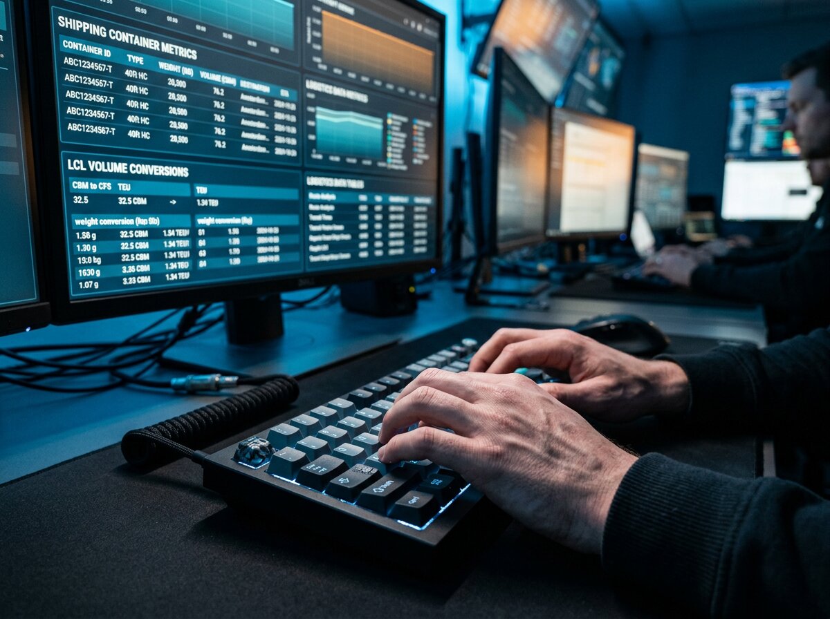 Tippen auf einer Tastatur vor Monitoren mit Logistikdaten, um FCL- und LCL-Raten zu konsolidieren – im modernen blauen Tech-Umfeld.