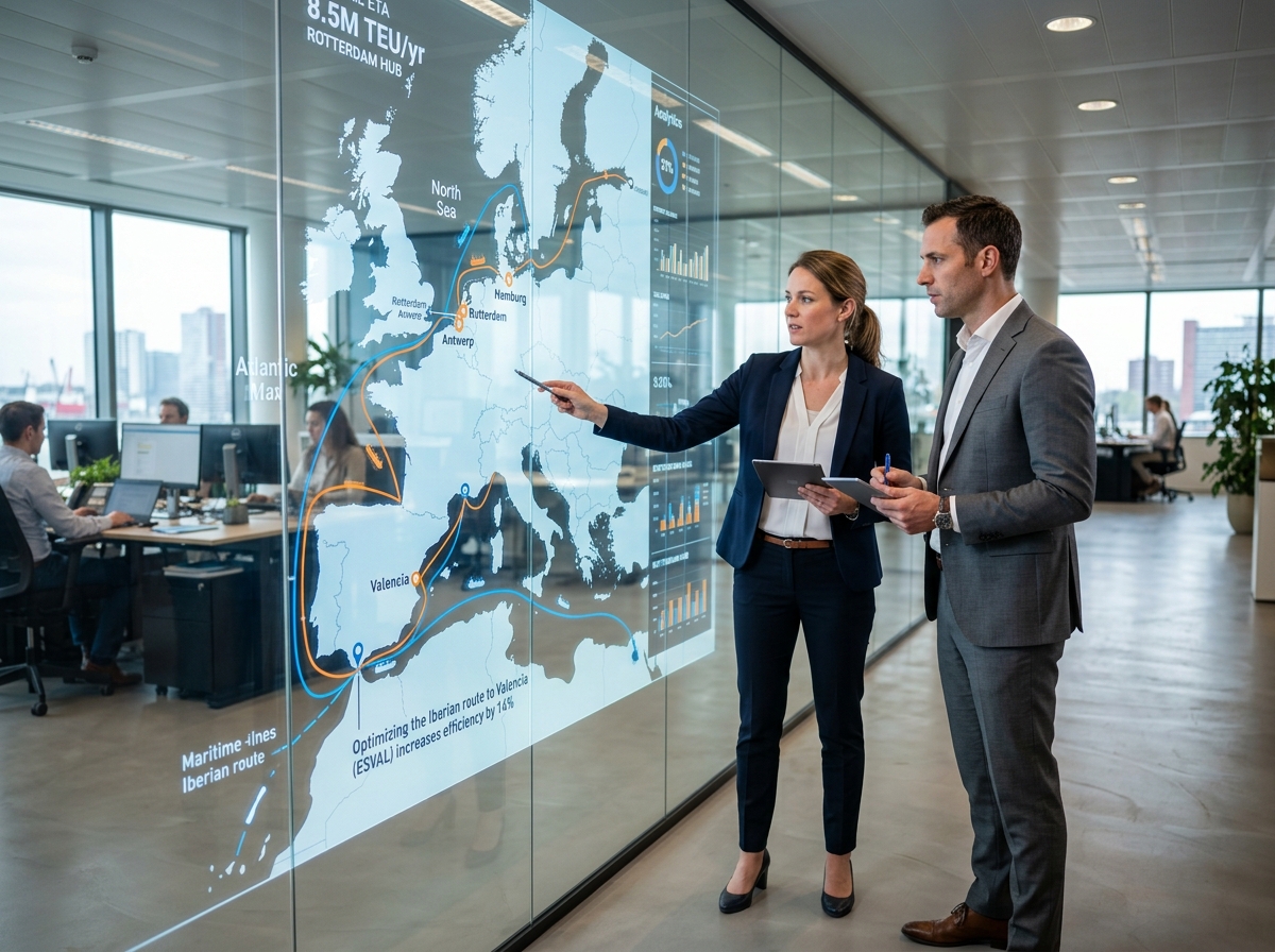 Logistikexperten besprechen vor einer Europakarte in einem modernen Büro Strategien, um FCL- und LCL-Raten zu konsolidieren.
