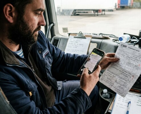 Logistiek medewerker scant verkreukelde CMR om OCR uitval op te lossen bij de verwerking van vrachtbrieven.