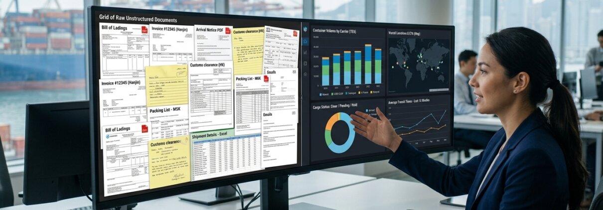 Vom Chaos logistischer PDF-Dokumente zu strukturierten Daten: FCL- und LCL-Raten konsolidieren auf einem digitalen Dashboard.