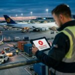 Logistikmitarbeiter am Flughafen-Terminal mit Fehlermeldung aufgrund unvollständiger Dokumente in der Luftfracht-Administration