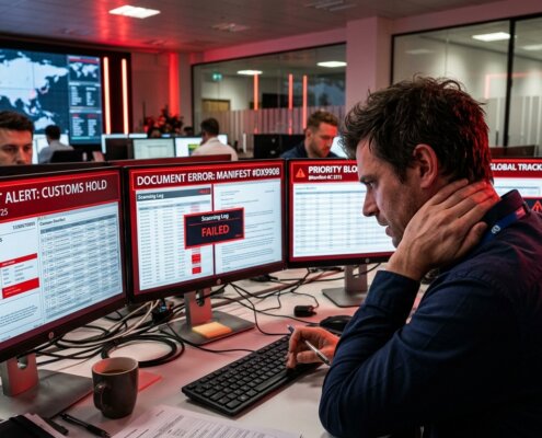 Gestresster Logistikmanager betrachtet RPA Compliance Risiko Zoll Fehlermeldungen auf Bildschirmen mit roten Warnsignalen.