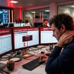Stressed logistics manager reviewing RPA customs compliance risks and error alerts on computer screens with red warning signals.