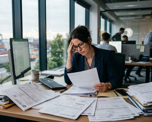 Gestresster Logistikplaner in einem modernen Büro, der an einem vollen Schreibtisch manuell Frachtrechnungen prüfen muss.
