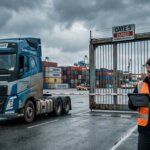 Port worker checking a tablet by a truck to prevent dangerous goods documentation errors.