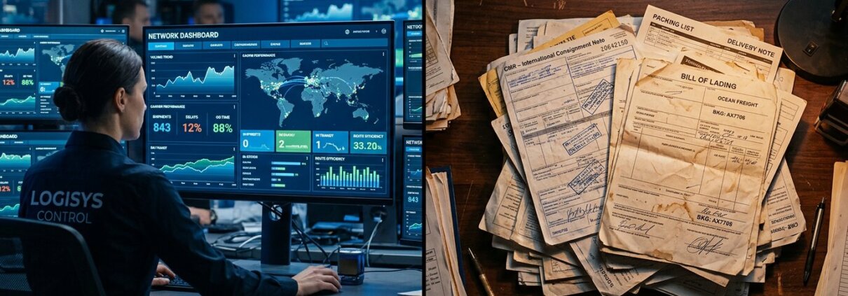 Digital logistics visibility control tower alongside a chaotic stack of unstructured documents like CMRs on a wooden desk.