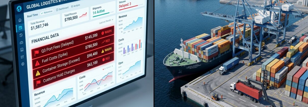 Dashboard mit roten Warnungen bei inkonsistenten ERP-Daten neben einem Frachtschiff im isometrischen 3D-Stil.
