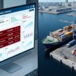 Dashboard mit roten Warnungen bei inkonsistenten ERP-Daten neben einem Frachtschiff im isometrischen 3D-Stil.