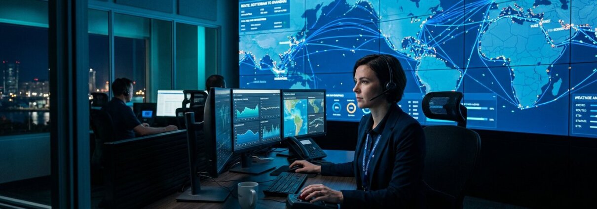 Operator in a digital control room analyzing maritime shipping routes; outsourcing web research for logistics data.