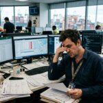 Stressed logistics planner at a busy desk filled with paperwork and spreadsheets reflecting the administrative burden of freight forwarders.