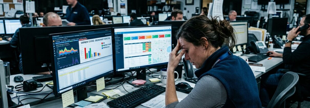 A frustrated manager inspecting incorrect data on monitors; poor data quality due to rushed web research in a busy office.