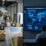 Warehouse with pallets next to a digital dashboard for efficient goods receipt administration and data entry.
