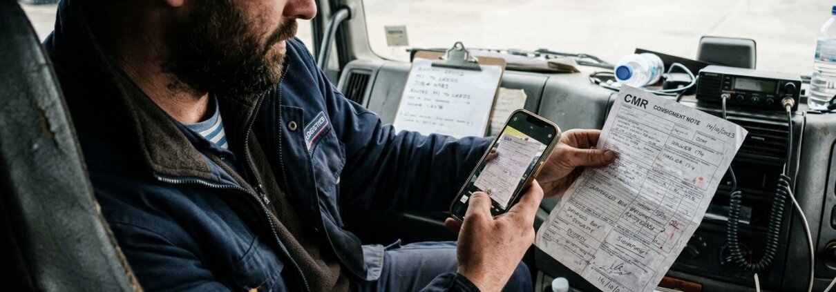 Logistics worker scanning a crumpled CMR consignment note to resolve OCR failures during freight document processing.