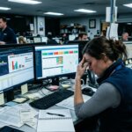 Frustrierter Manager betrachtet fehlerhafte Daten auf Monitoren; Qualitätsverlust durch hastige Web-Recherche im hektischen Büro.