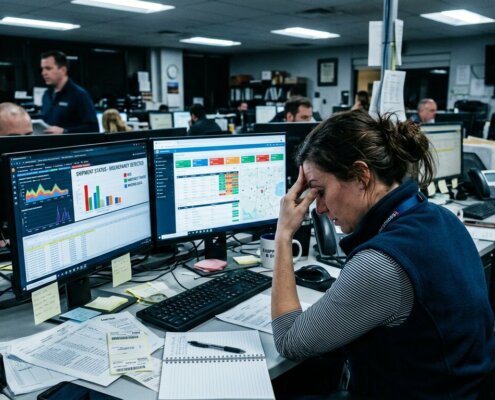 Frustrierter Manager betrachtet fehlerhafte Daten auf Monitoren; Qualitätsverlust durch hastige Web-Recherche im hektischen Büro.