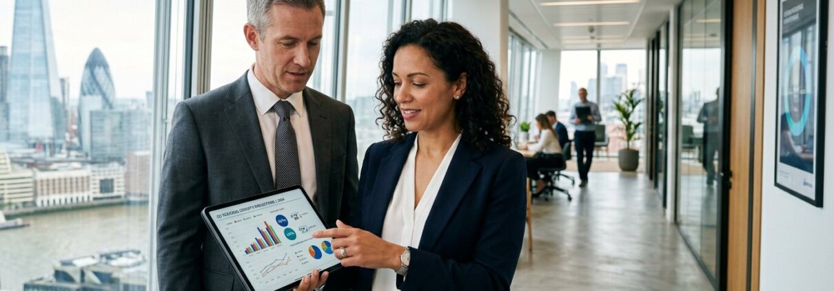 Two managers reviewing projections regarding invoice rejection due to poor customer data on a tablet in a modern office.