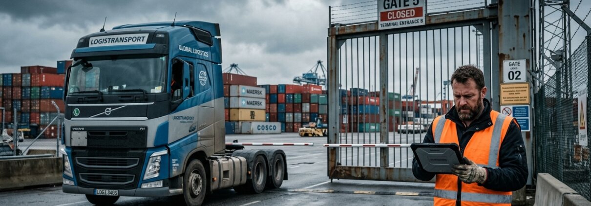Hafenmitarbeiter prüft Tablet neben einem Lkw, um Fehler in Dangerous-Goods-Dokumentation zu vermeiden