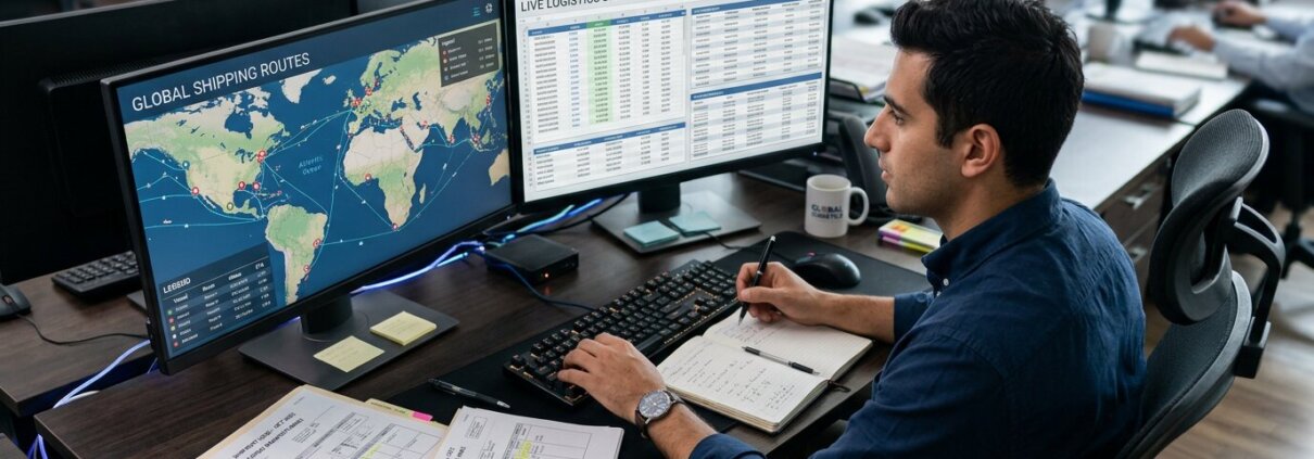 Modernes Büro mit Daten-Monitoren und Frachtbriefen zur Visualisierung der Standardisierung von Seefrachtraten.