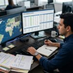 Modernes Büro mit Daten-Monitoren und Frachtbriefen zur Visualisierung der Standardisierung von Seefrachtraten.