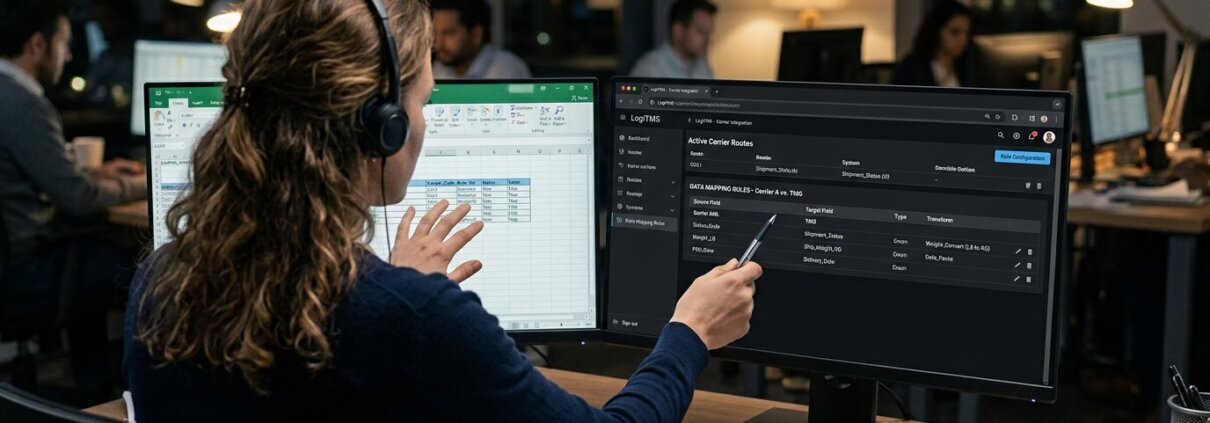 Ein Logistikspezialist in der Administration nutzt ein Transport Management System, um Seefrachtraten zu verarbeiten.