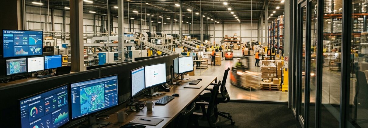 Modernes Büro mit skalierbaren Backoffice-Lösungen auf Monitoren vor einem Logistikzentrum in der Hochsaison.