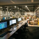 Modernes Büro mit skalierbaren Backoffice-Lösungen auf Monitoren vor einem Logistikzentrum in der Hochsaison.