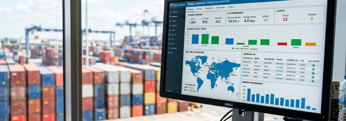 Logistik-Dashboard mit Metriken für das SLA Datenverarbeitung Outsourcing vor dem Hintergrund von Seecontainern.