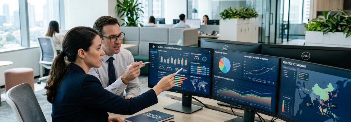 Logistikexperten analysieren Daten im Büro, um die Risiken fluktuierender Spot Rates zu bewerten.