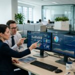 Logistics professionals analyzing data to map the risks of fluctuating spot rates in an office.
