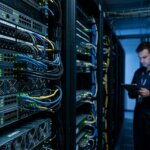 Modernes Server-Rack im Rechenzentrum mit IT-Spezialist, der die Wartungskosten veralteter Logistiksysteme analysiert.