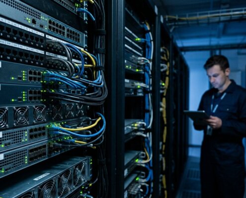 Modernes Server-Rack im Rechenzentrum mit IT-Spezialist, der die Wartungskosten veralteter Logistiksysteme analysiert.