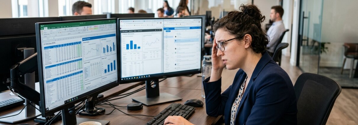 Gestresster Business Analyst am Doppelbildschirm vermeidet versteckte Kosten der manuellen Web-Recherche durch strategische Effizienz.