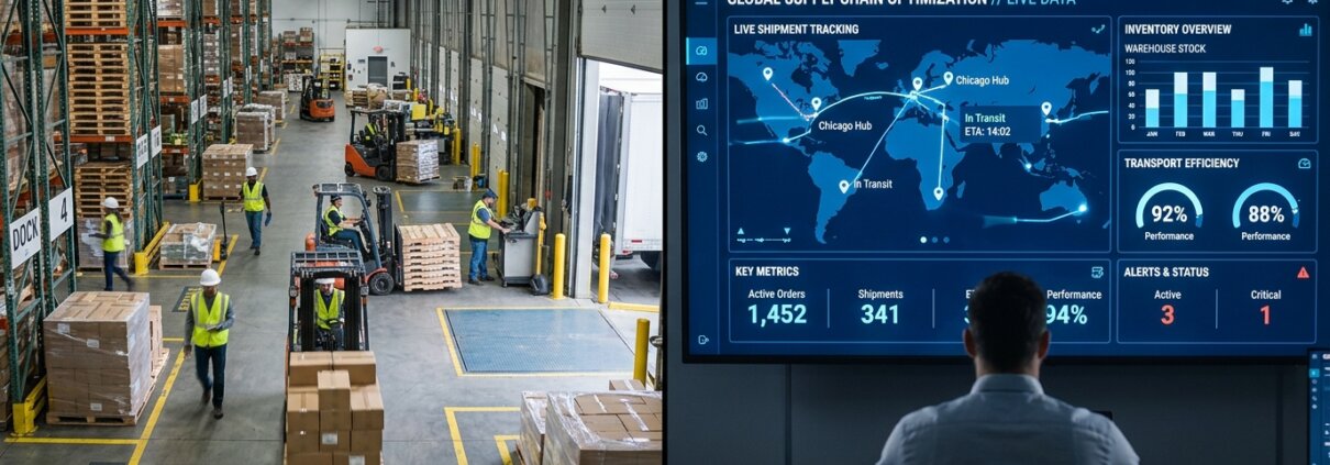 Lagerhaus mit Paletten neben einem digitalen Dashboard für effiziente Wareneingangsadministration und Datenerfassung.